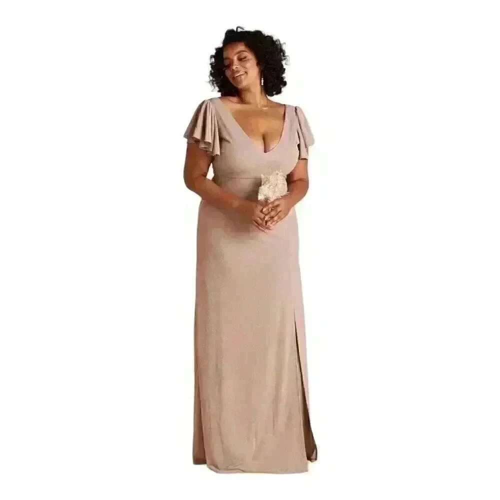 Birdy Grey Hannah Empire Crepe Dress 1X Taupe with Slit & Pockets NWT
